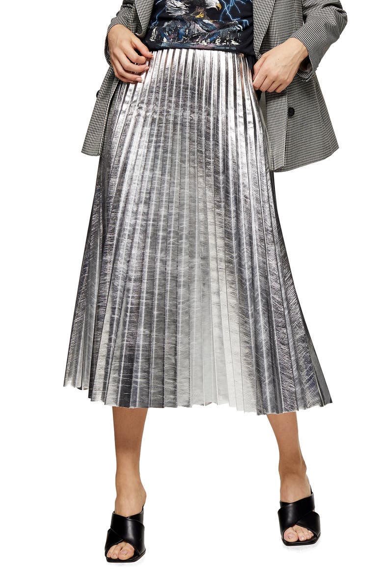 Metallic Pleated Midi Skirt, Main, color, SILVER