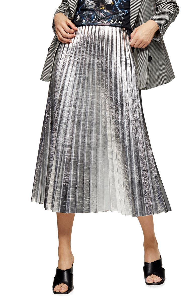 Topshop Metallic Pleated Midi Skirt, Main, color, 