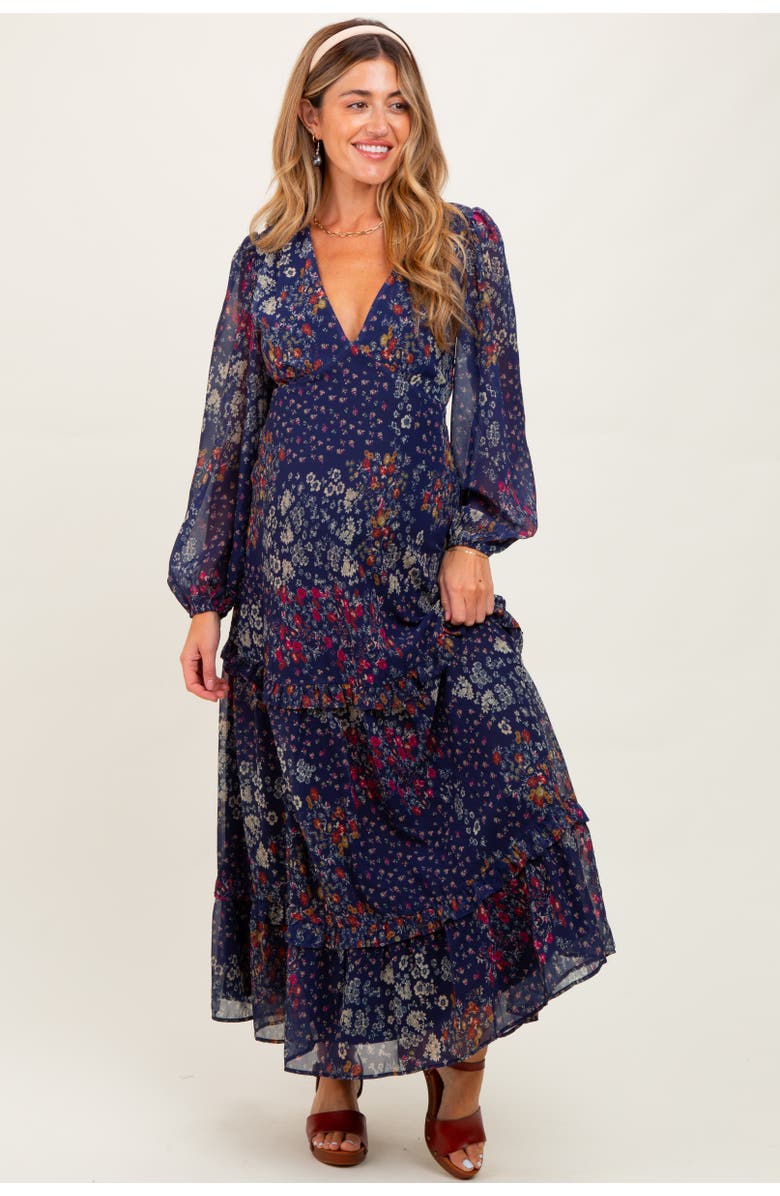 PinkBlush Floral Chiffon V-Neck Long Sleeve Maxi Dress, Main, color, Navy Blue