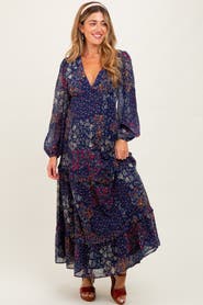 PinkBlush Floral Chiffon V-Neck Long Sleeve Maxi Dress