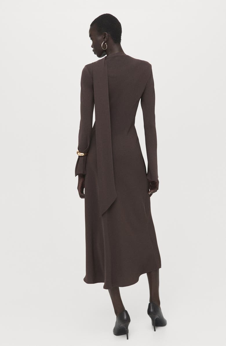 MANGO Scarf Detail Long Sleeve Dress, Alternate, color, Brown