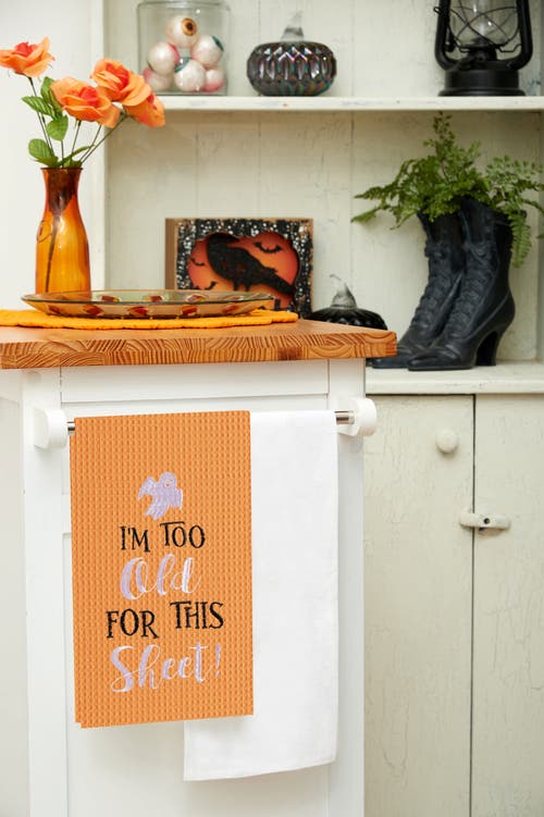 C & F Home C&f Home I'm Too Old For This Sheet Halloween Embroidered Cotton Waffle Weave Kitchen Towel In Orange