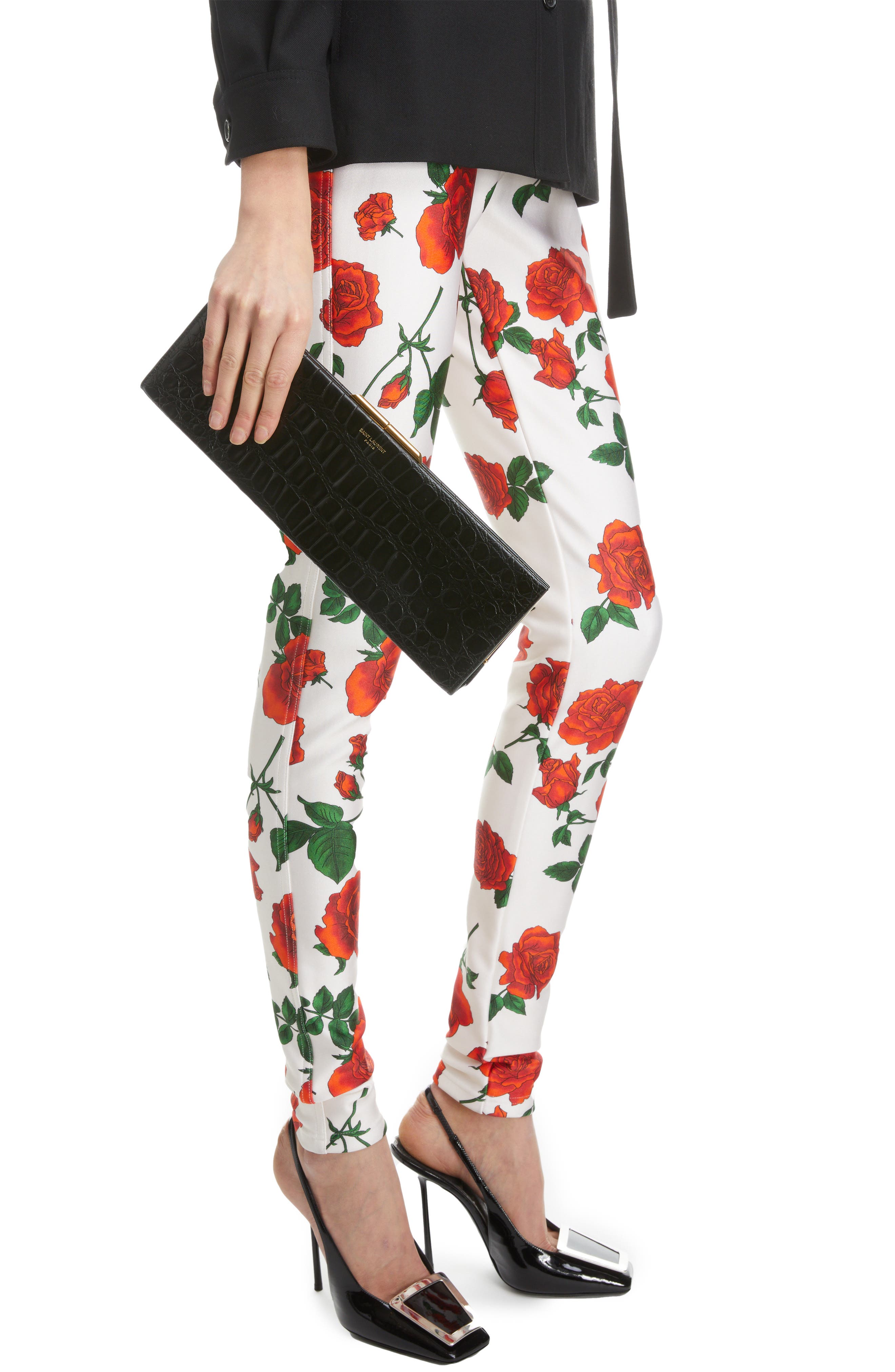 Saint Laurent Large Croc Embossed Leather Frame Clutch, Alternate, color, 