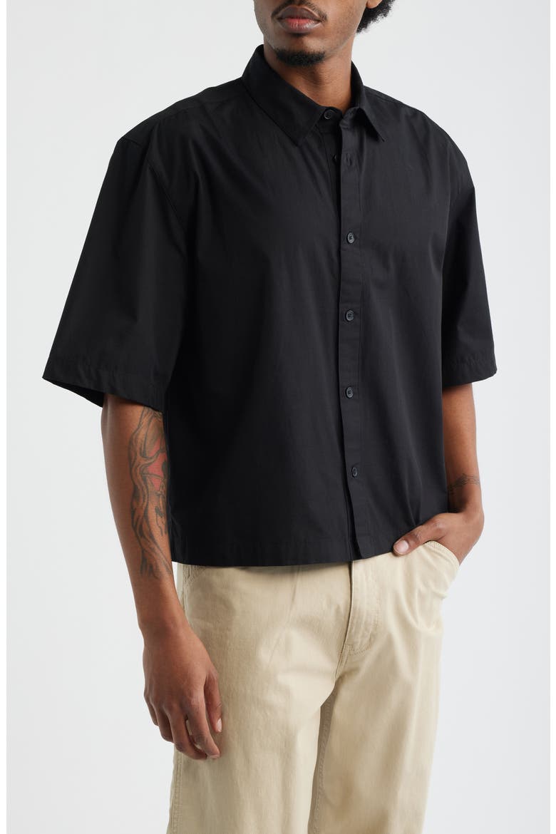 Crop Short Sleeve Cotton Poplin Button-Up Shirt, Main, color, BLACK