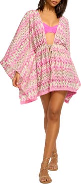 Ramy Brook Mckala Metallic Tie Front Long Sleeve Sheer Cover-Up Tunic