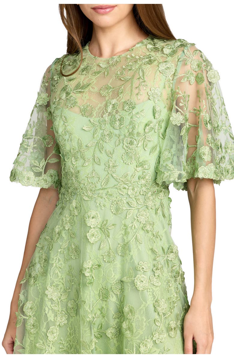 Mac Duggal Floral Embroidered Mesh Midi Dress with Sleeves, Alternate, color, Sage