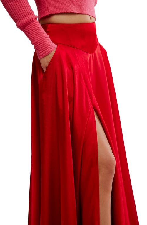 Free People Chilco Side Slit Satin Maxi Skirt In Red