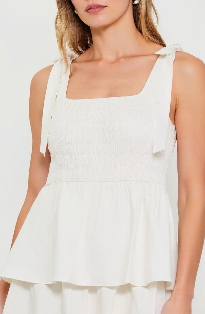 Modenaire Tiered Smocked Midi Dress with Bow-Tie Shoulder Straps, Alternate, color, White
