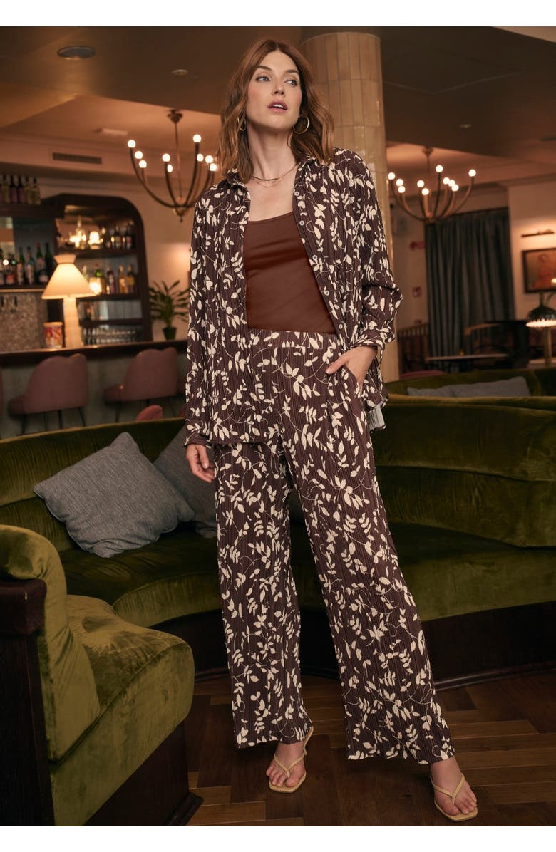 Jessica London Plisse Button-Front Blouse, Alternate, color, Rich Brown Vines