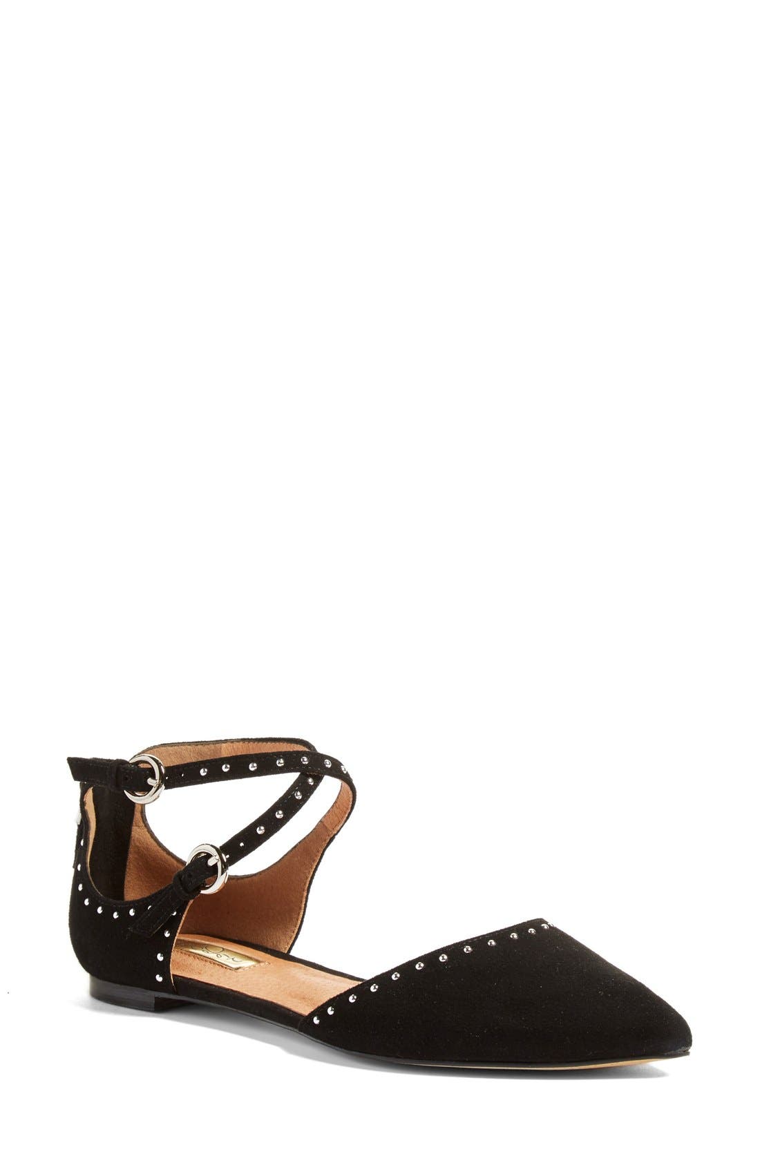 'Bristal' Ankle Strap Pointy Toe Flat, Main, color, BLACK SUEDE