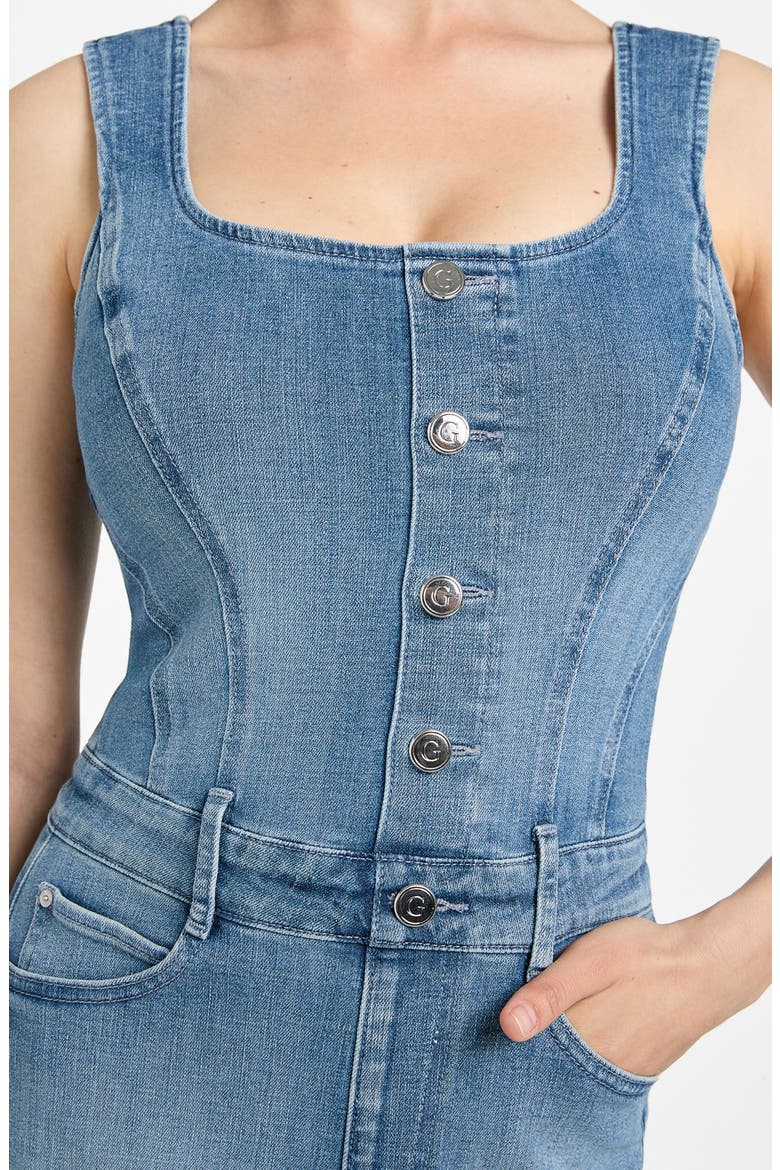 Sunni Sleeveless Stretch Denim Romper, Alternate, color, DREAM BLU