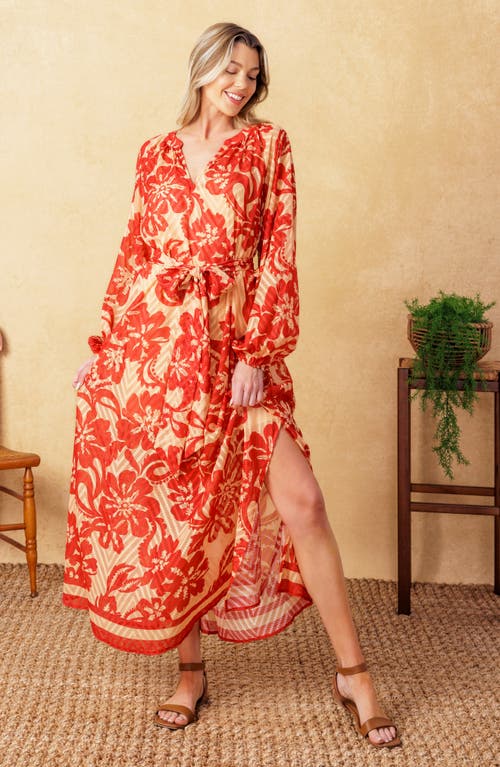 Flying Tomato Long Sleeve Textured Midi Dress In Taupe Red