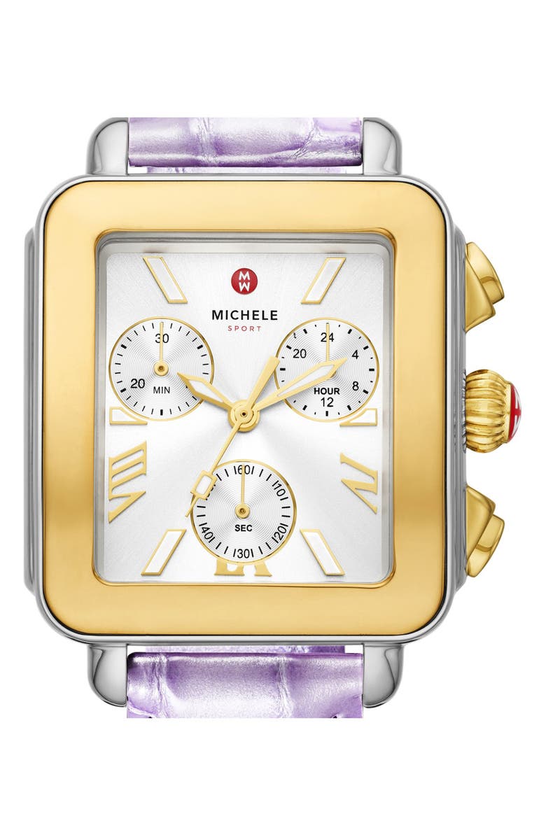 MICHELE Deco Sport Chronograph Leather Strap Watch, 34mm x 36mm, Alternate, color, 