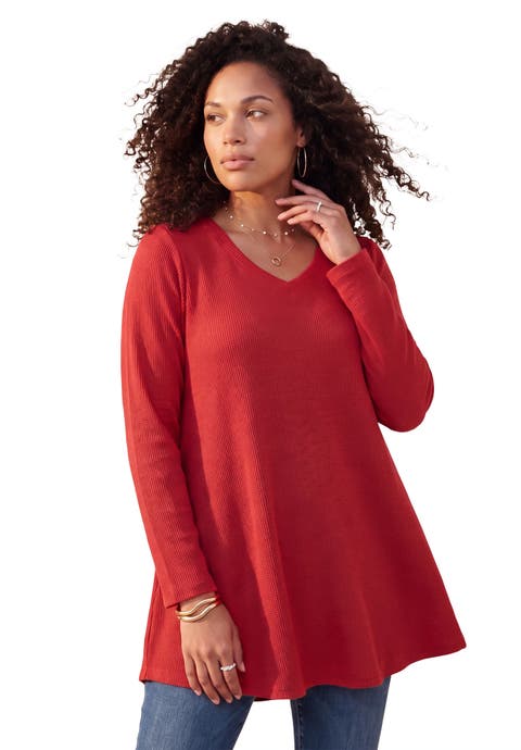 Plus Size Knit Thermal V Neck Swing Tunic Long Sleeve