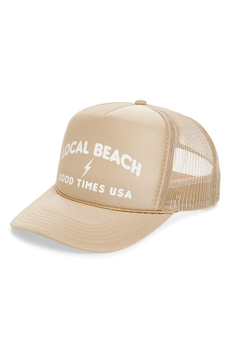 Local Beach Good Times USA Trucker Hat, Main, color, Khaki