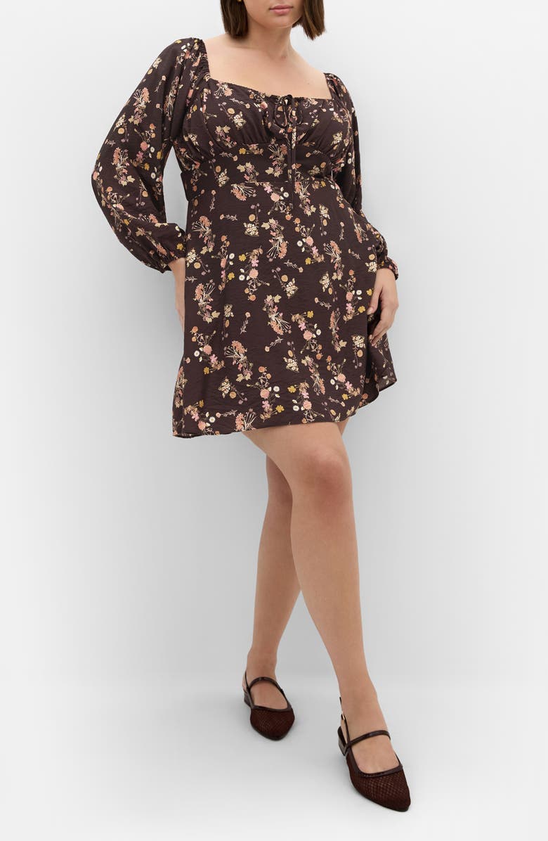 City Chic Abbie Floral Long Sleeve Minidress, Main, color, Cocoa Bloom