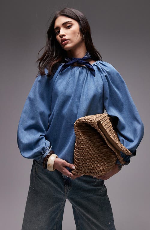 Shop Topshop Puff Sleeve Denim Shirt