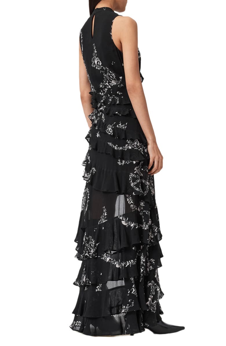 AllSaints Cady Bird Print Tiered Ruffle Dress, Alternate, color, Flight Black