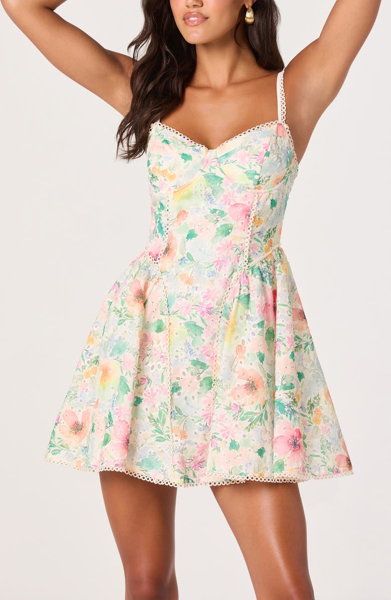 ASTR the Label Birdie Floral Eyelet Scallop Trim Minidress, Alternate, color, Green Pink Floral