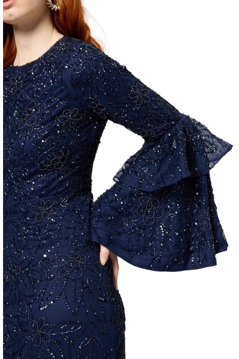 Modest Embellished Sequin Beaded Maxi Dress With Frilled Sleeves, Alternate, color, MID NIGHT BLUE