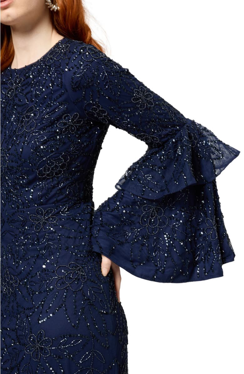 MARYISA Modest Embellished Sequin Beaded Maxi Dress With Frilled Sleeves, Alternate, color, Mid Night Blue