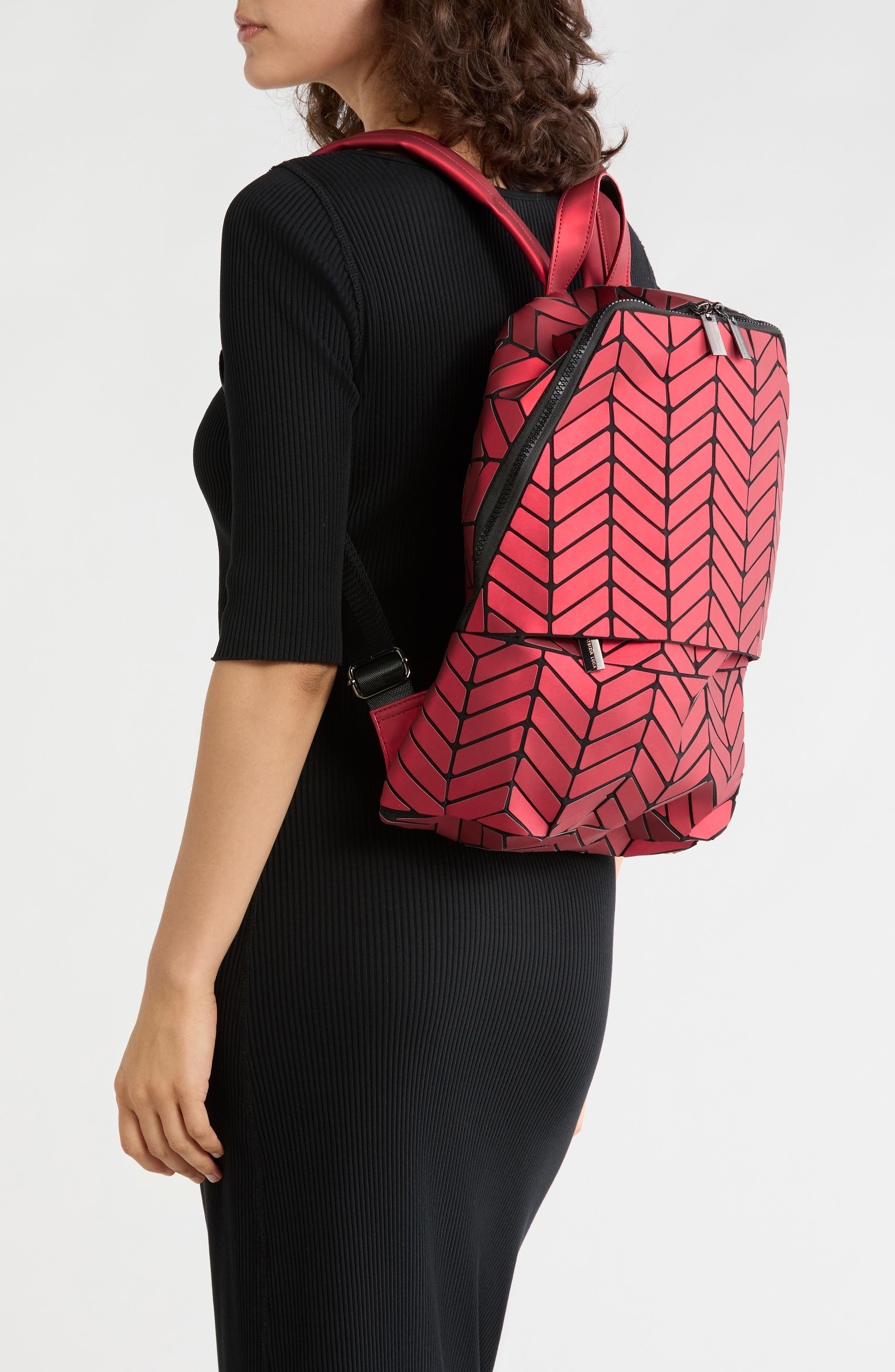 Chevron Faux Leather Backpack, Alternate, color, MATTE RED