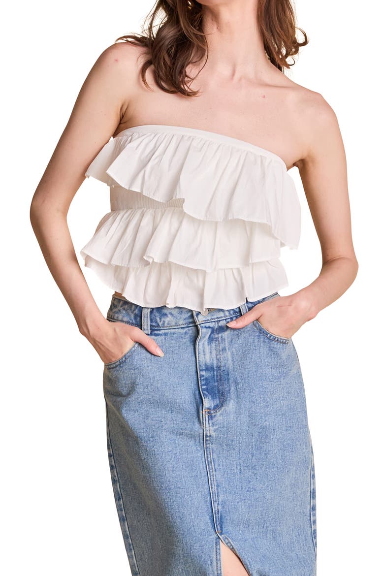 Mixed Media Ruffle Strapless Rib Tube Top, Alternate, color, WHITE