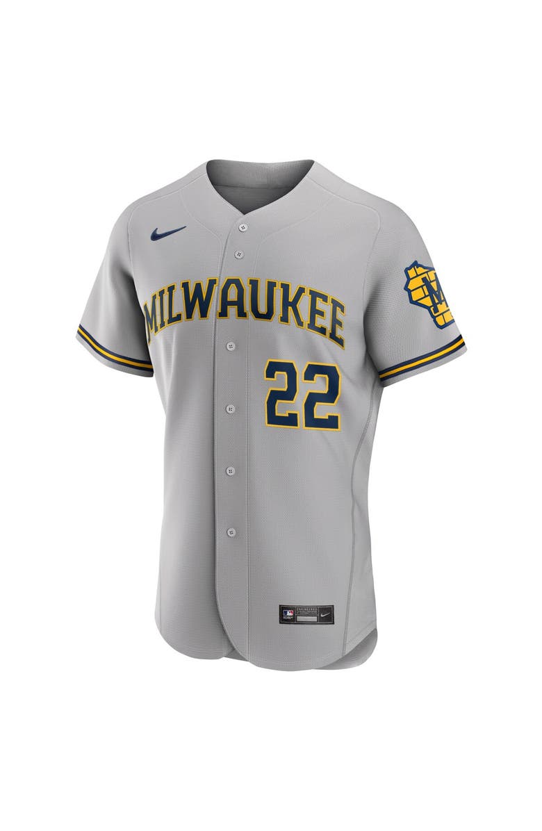 Nike Men's Nike Christian Yelich Gray Milwaukee Brewers Road Authentic Player Logo Jersey, Alternate, color, 