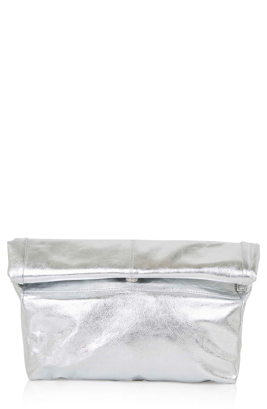 Topshop Metallic Leather Foldover Clutch, Main, color, 