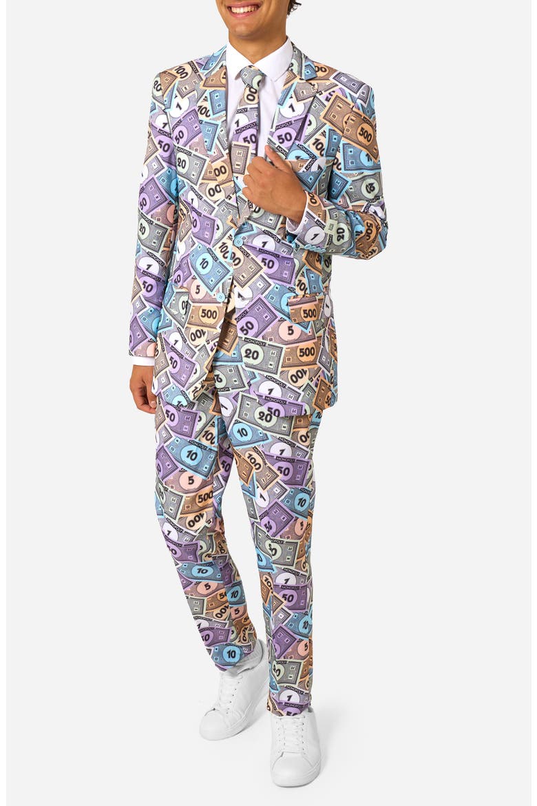 x Monopoly Slim Fit Two-Piece Suit & Tie Set, Main, color, BLACK