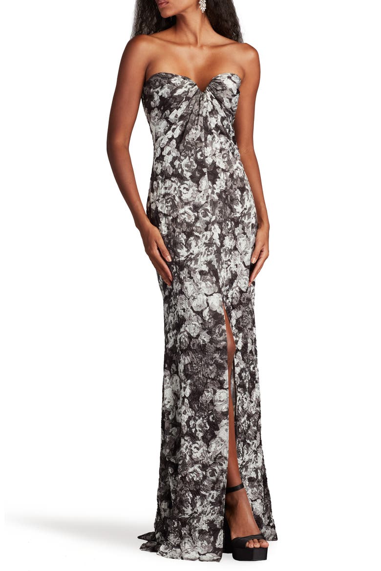 Textured Floral Strapless Gown, Main, color, IVORY BLACK/ FLORAL