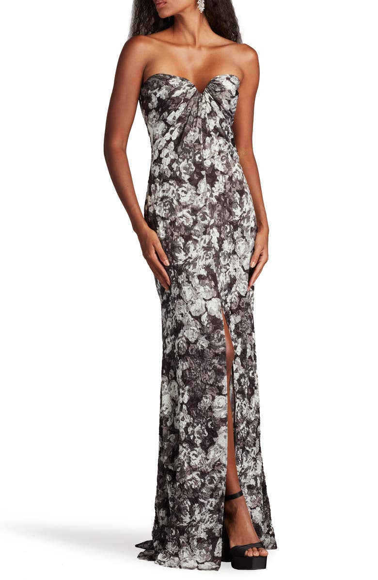 SHO by Tadashi Shoji Textured Floral Strapless Gown, Main, color, Ivory Black/ Floral
