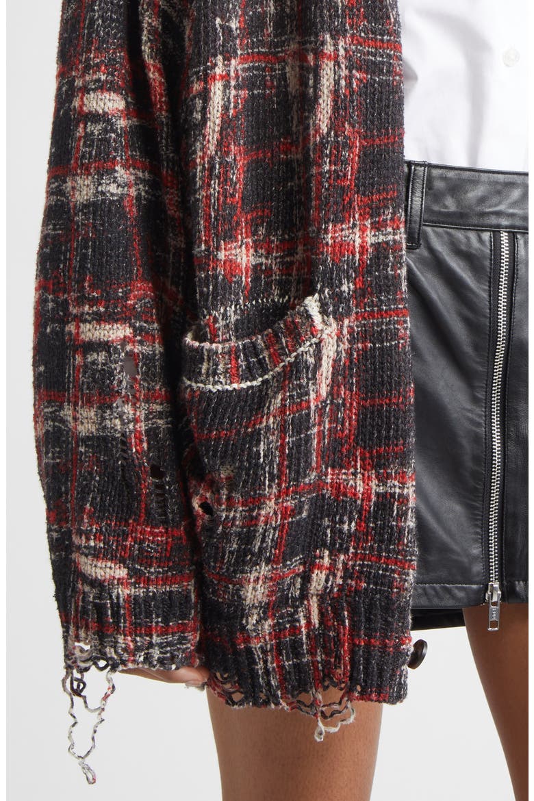 Oversize Distressed Plaid Linen Blend Cardigan, Alternate, color, BLACK/ RED/ WHITE PLAID
