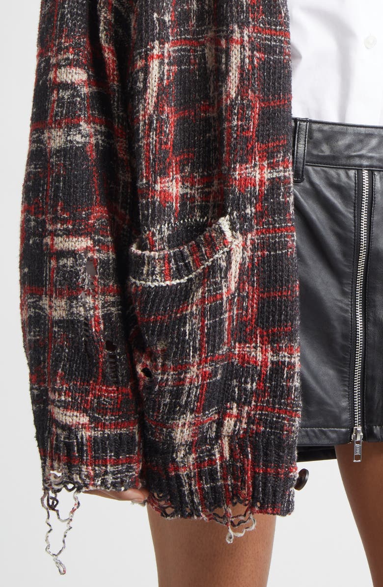 R13 Oversize Distressed Plaid Linen Blend Cardigan, Alternate, color, Black/ Red/ White Plaid