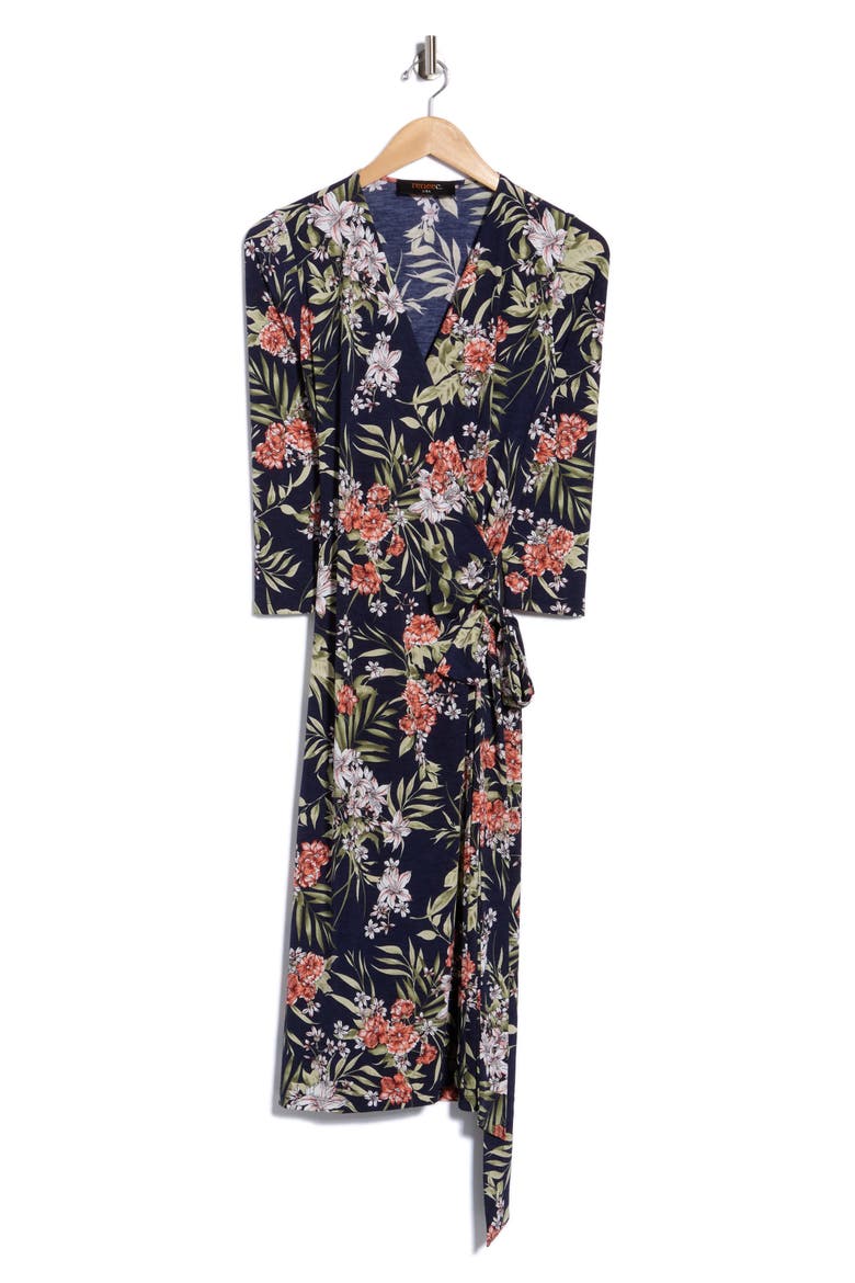 Floral Three-Quarter Sleeve Wrap Midi Dress, Alternate, color, NAVY