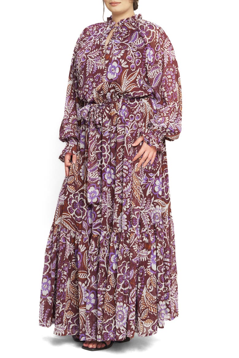 Print Long Sleeve Maxi Dress, Alternate, color, PLUM