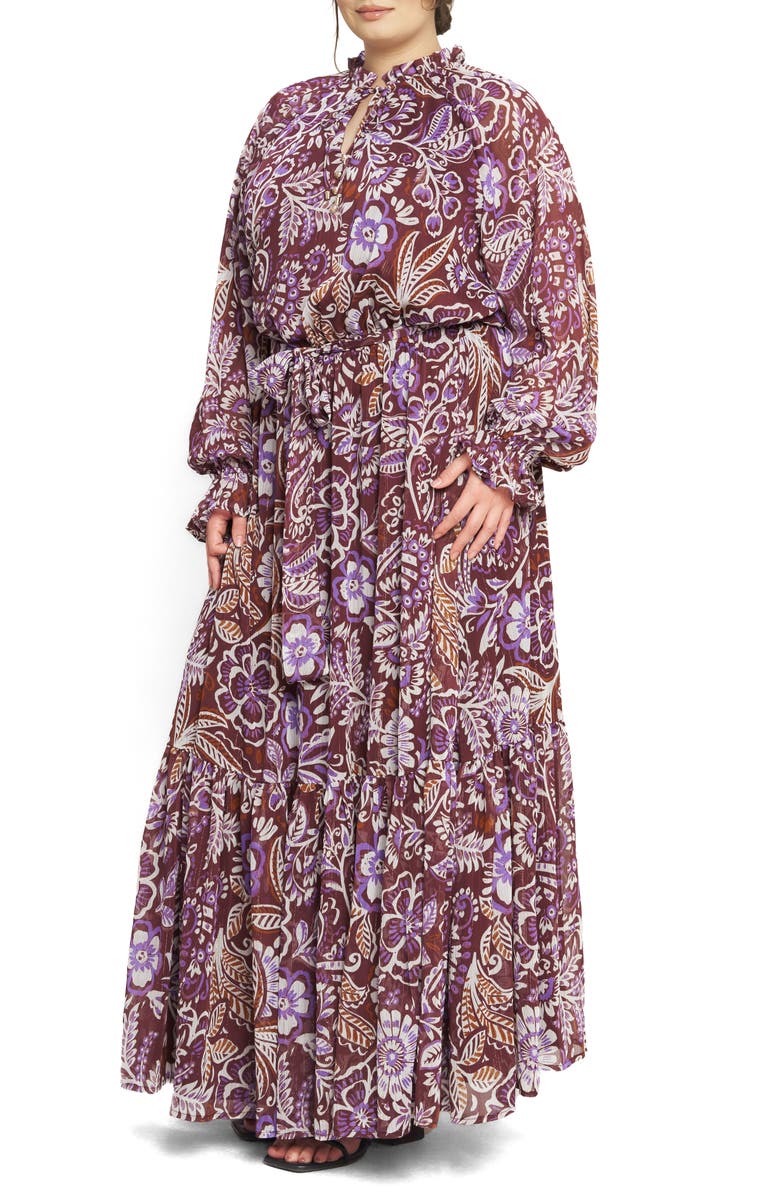 FLYING TOMATO Print Long Sleeve Maxi Dress, Alternate, color, Plum