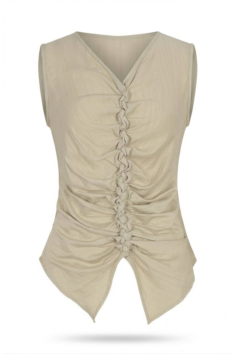Ruched V Neck Top with Sleeveless Cut and Pointed Hem, Alternate, color, Beige
