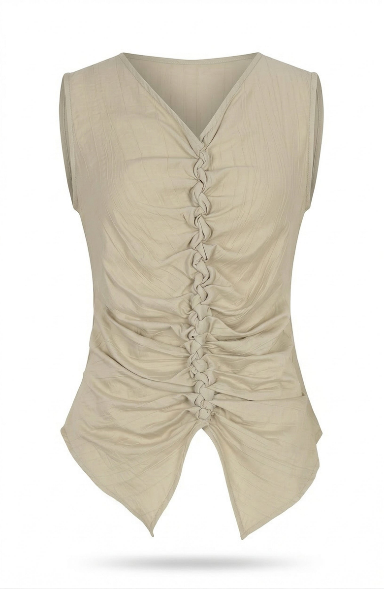 Modenaire Ruched V Neck Top with Sleeveless Cut and Pointed Hem, Alternate, color, Beige