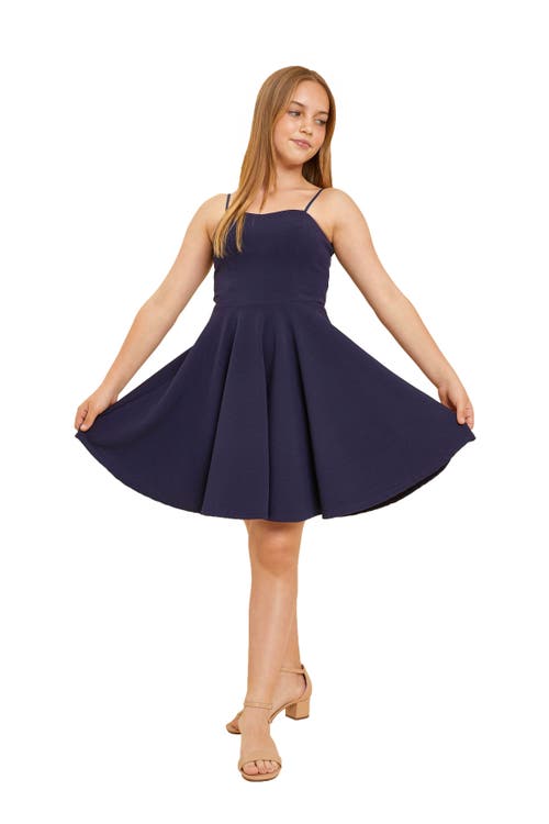 Un Deux Trois Girl's Fit And Flare Textured Dress In Navy