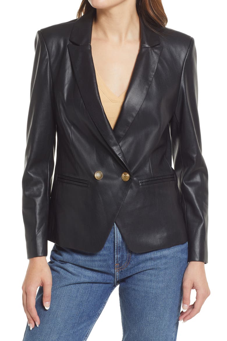 Faux Leather Blazer, Alternate, color, BLACK