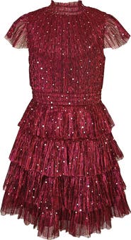 Zunie Kids' Flutter Sleeve Metallic Plissé Dress