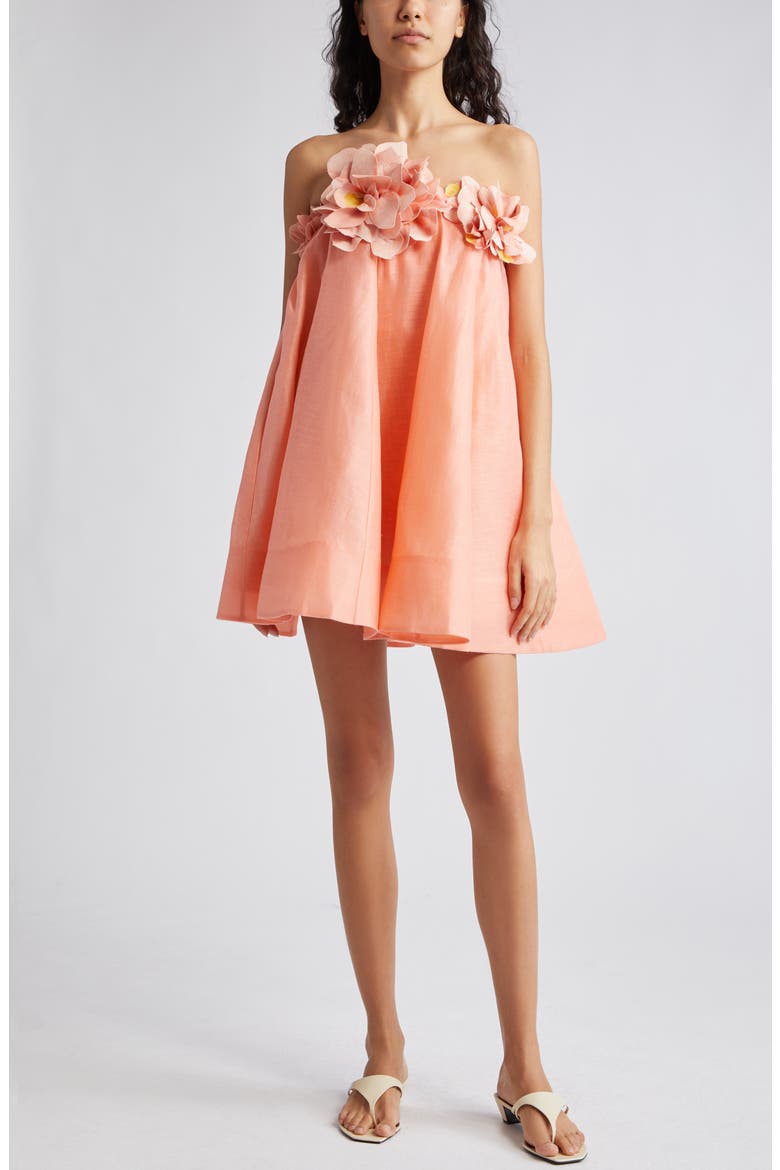 Natura Floral Appliqué Strapless Linen & Silk Minidress, Main, color, CORAL