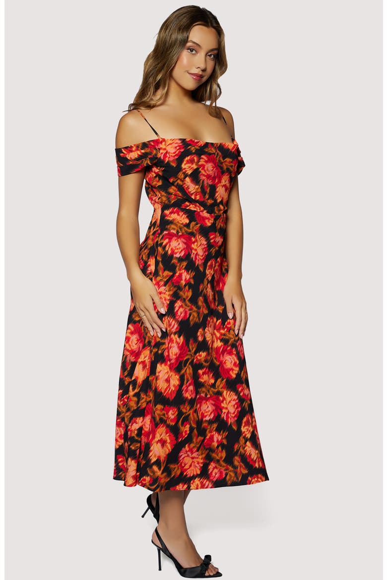 Evenign Bloom Cold Shoulder Midi Dress, Alternate, color, BLACK RED FLORAL
