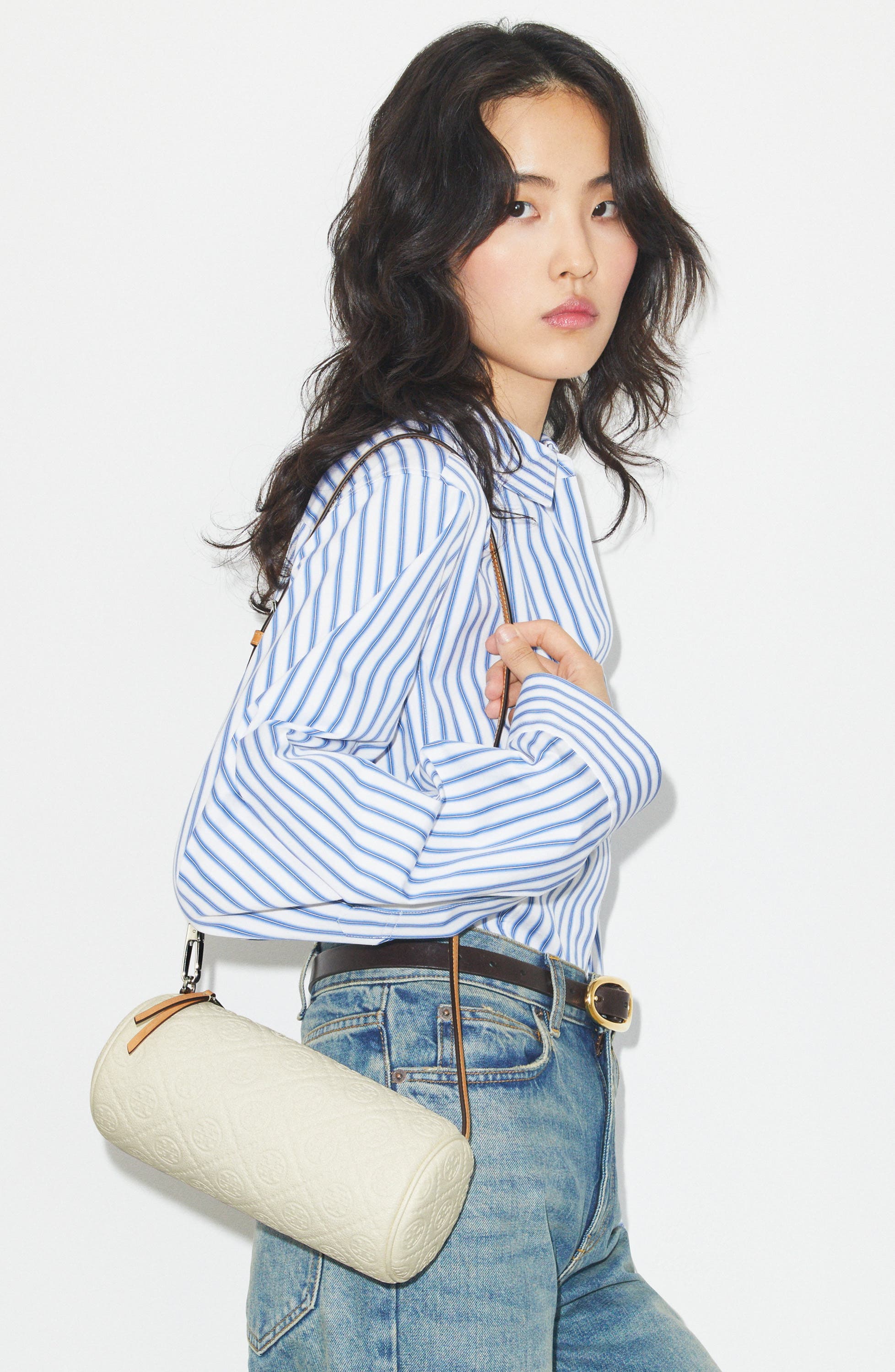 Tory Burch T Monogram Pebble Leather Cylinder Shoulder Bag, Alternate, color, Warm White