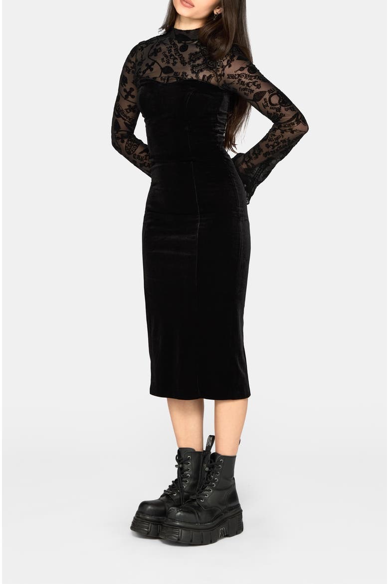 Sanct Flocked Bodycon Velour Midi Dress, Alternate, color, Black