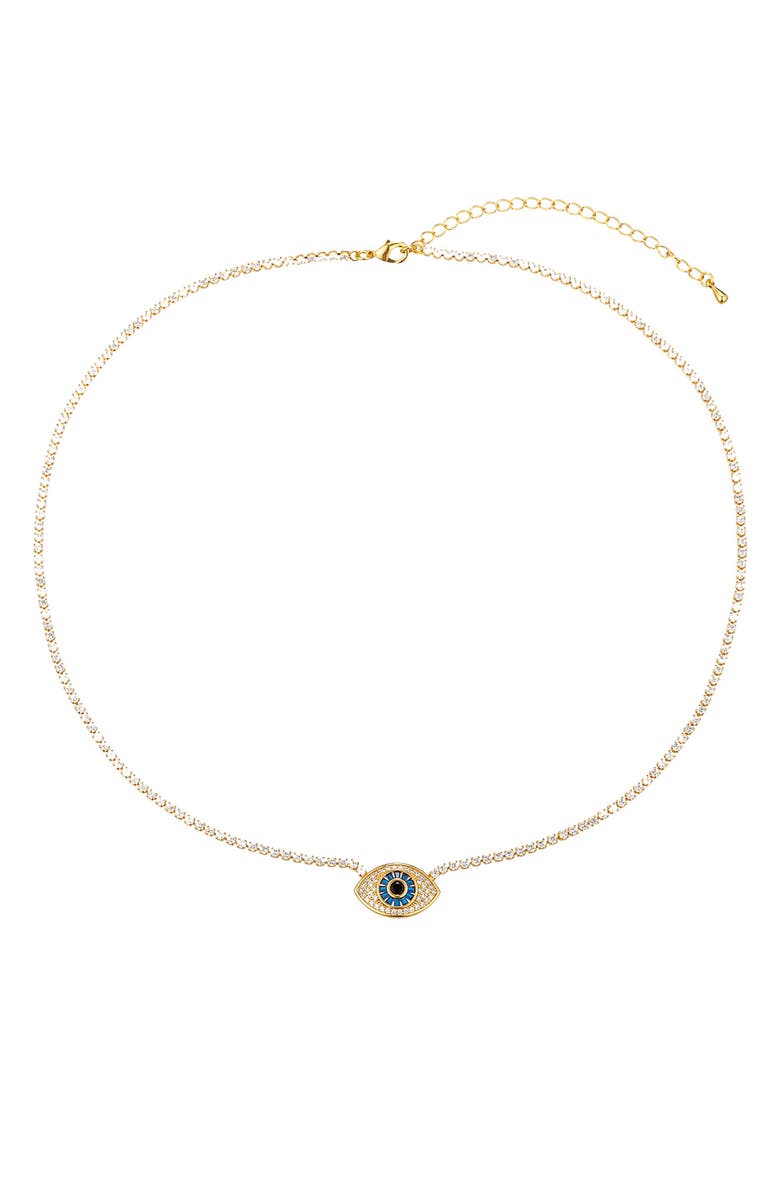EYE CANDY LOS ANGELES Riley Cubic Zirconia Evil Eye Pendant Tennis Necklace, Main, color, 