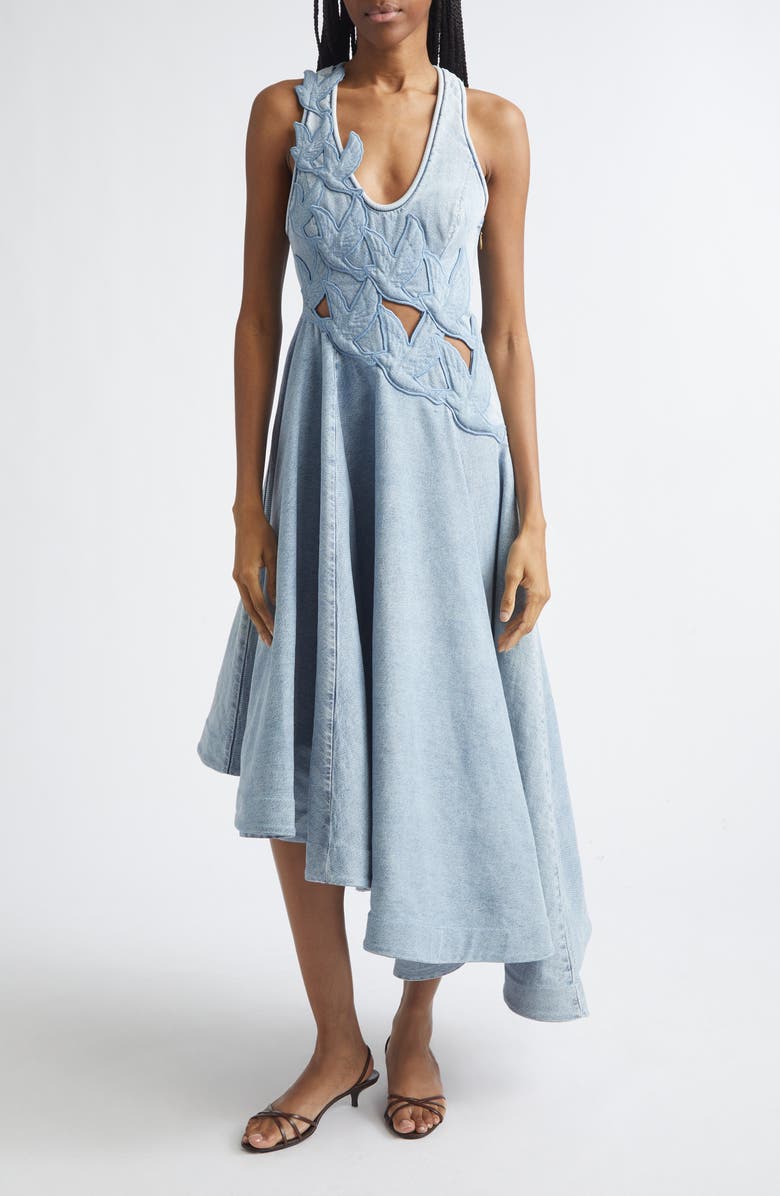 Zimmermann Alchemy Cutout Appliqué Asymmetric Denim Dress, Main, color, Sea Foam