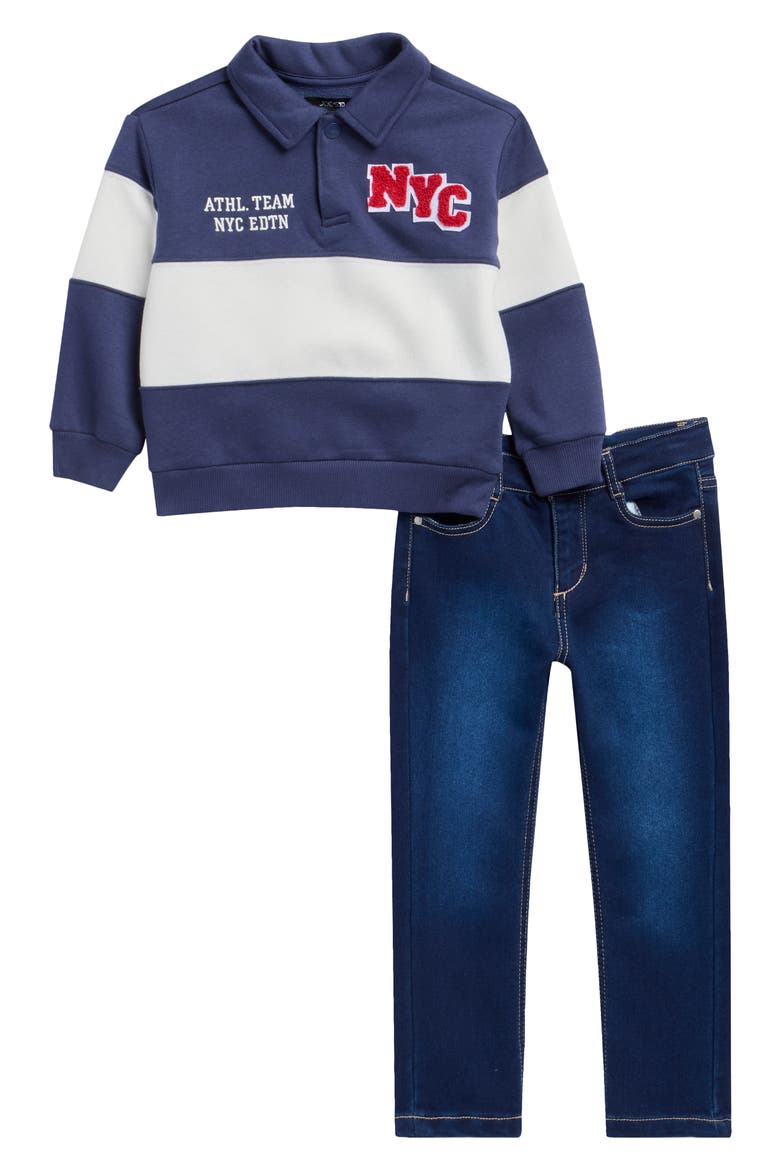 Kids' Long Sleeve Fleece Polo & Straight Leg Jeans Set, Main, color, NAVY