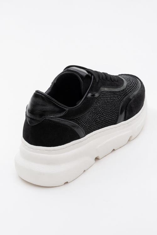 Forever & Always Shoes Polly Rhinestone Suede Leather Platform Sneakers In Black Suede Leather